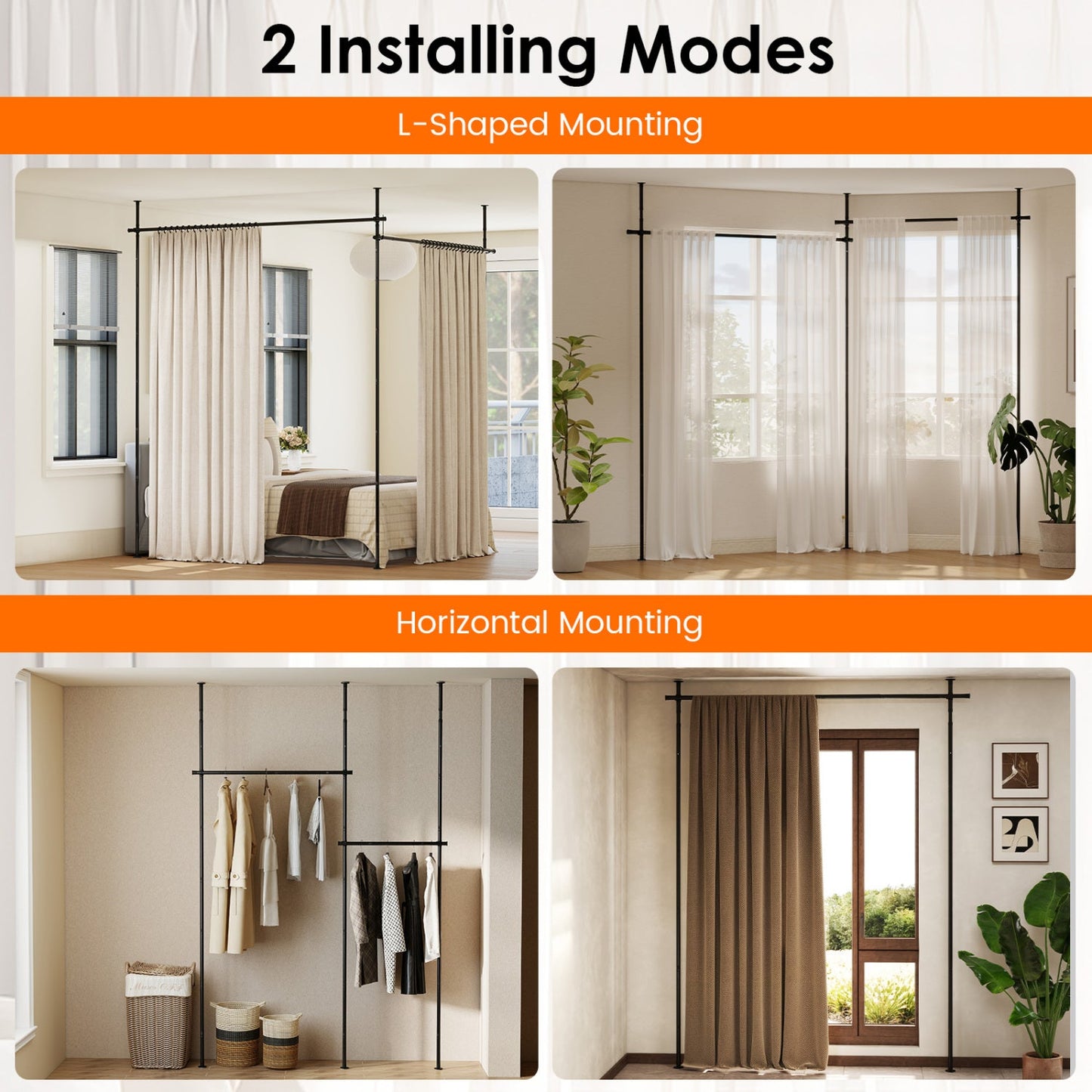 Room Divider Curtain Rod with Adjustable Floor to Ceiling Tension Rod (Curtains Not Included)