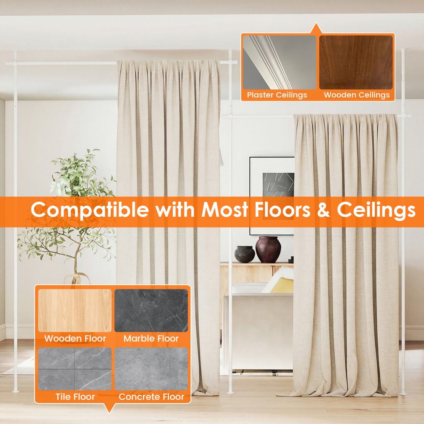 Room Divider Curtain Rod with Adjustable Floor to Ceiling Tension Rod (Curtains Not Included)