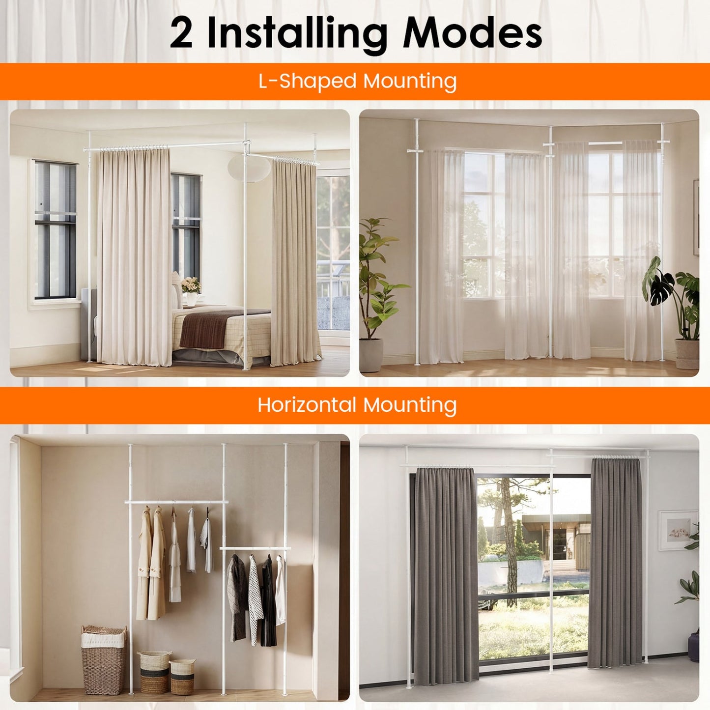 Room Divider Curtain Rod with Adjustable Floor to Ceiling Tension Rod (Curtains Not Included)
