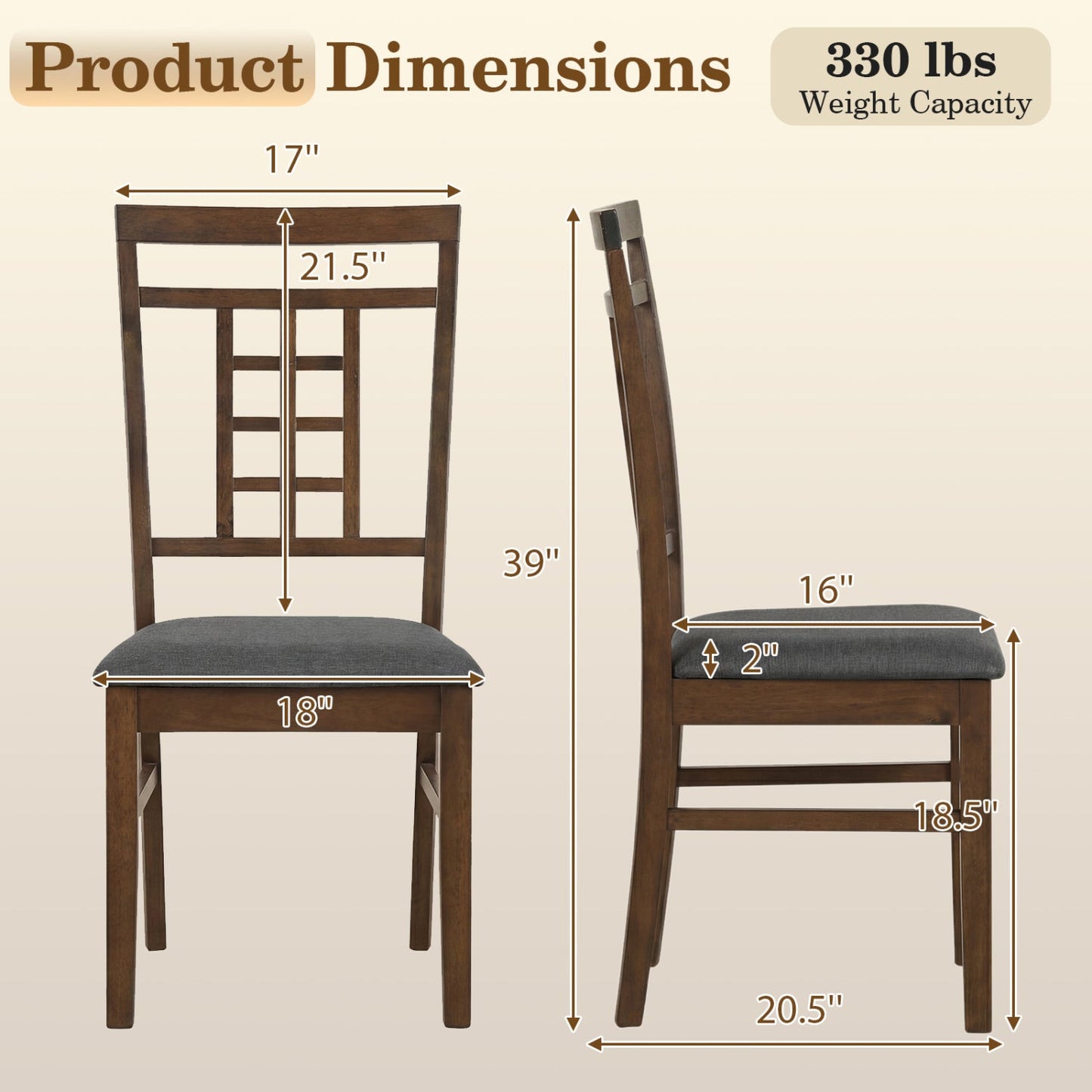 Rubber Wood Dining Chairs Set of 2 with Lattice Back