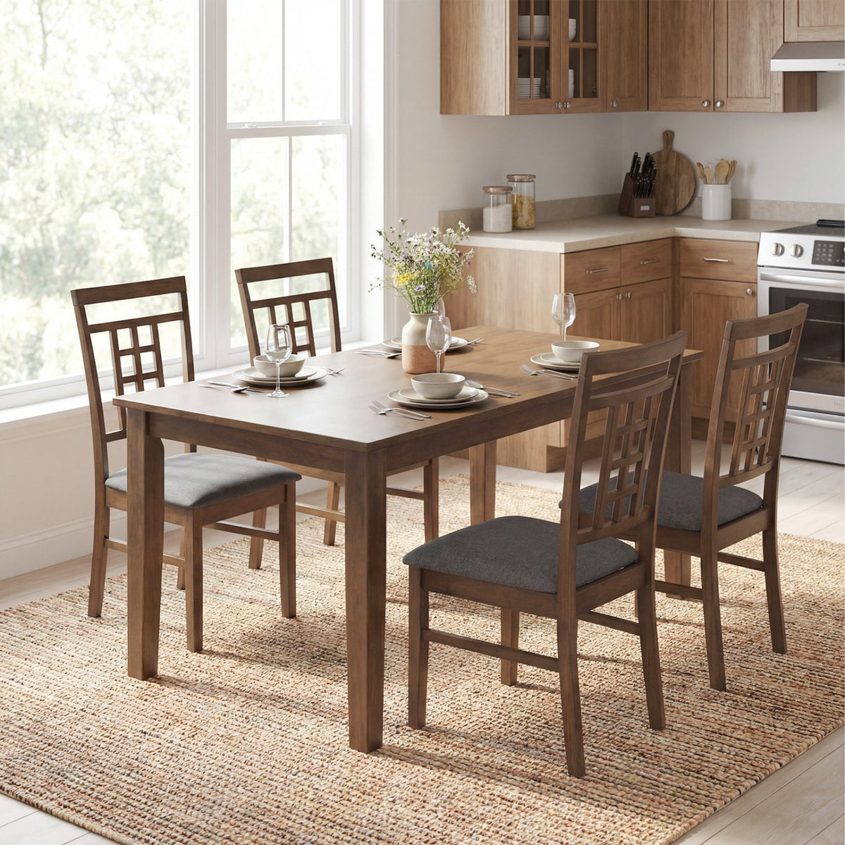 Rubber Wood Dining Chairs Set of 2 with Lattice Back