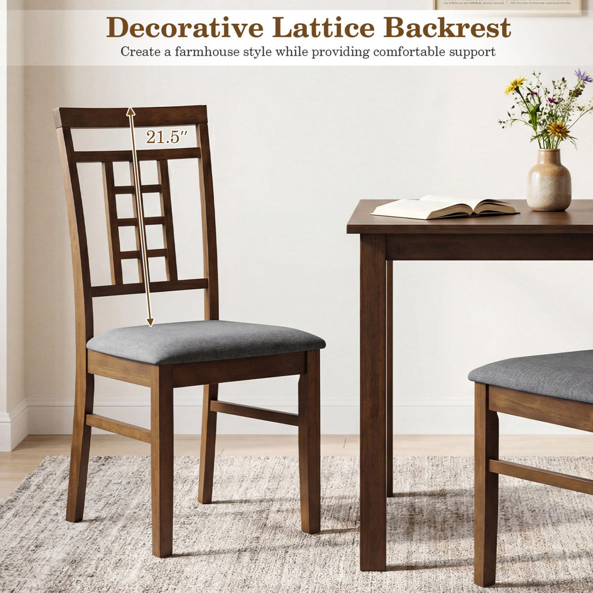 Rubber Wood Dining Chairs Set of 2 with Lattice Back