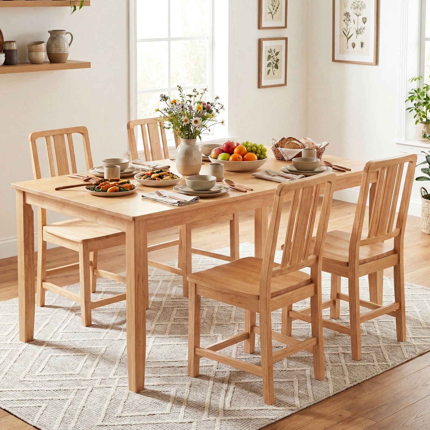 Rubber Wood Dining Chairs Set of 2 with Hollowed Backrest