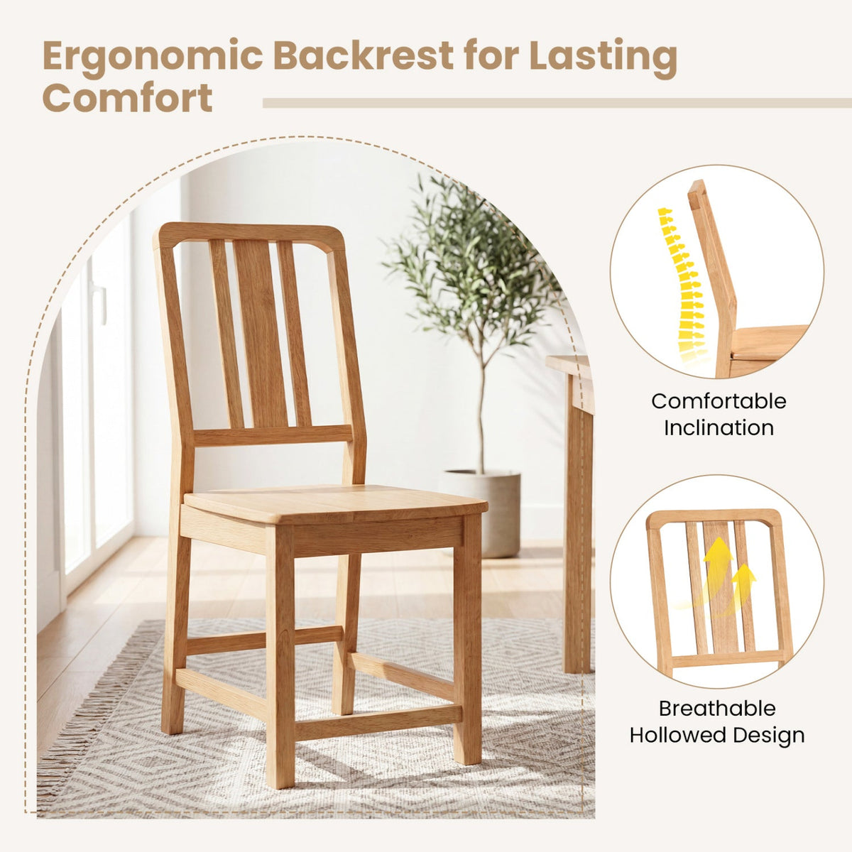 Rubber Wood Dining Chairs Set of 2 with Hollowed Backrest