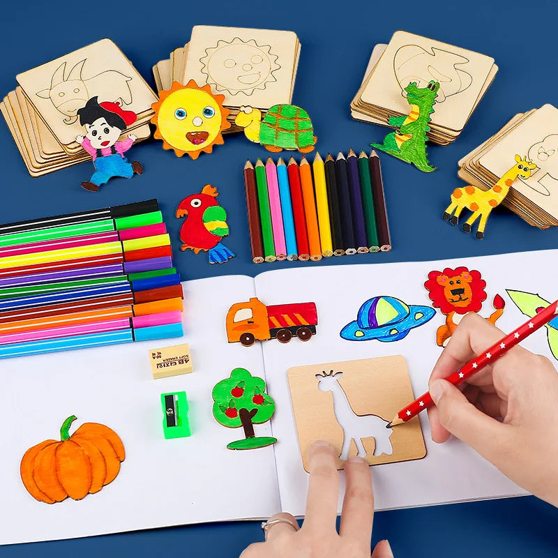 20pcs Montessori Kids Drawing Toys Wooden DIY Painting Stencils Set | Educational Craft Toy for Children