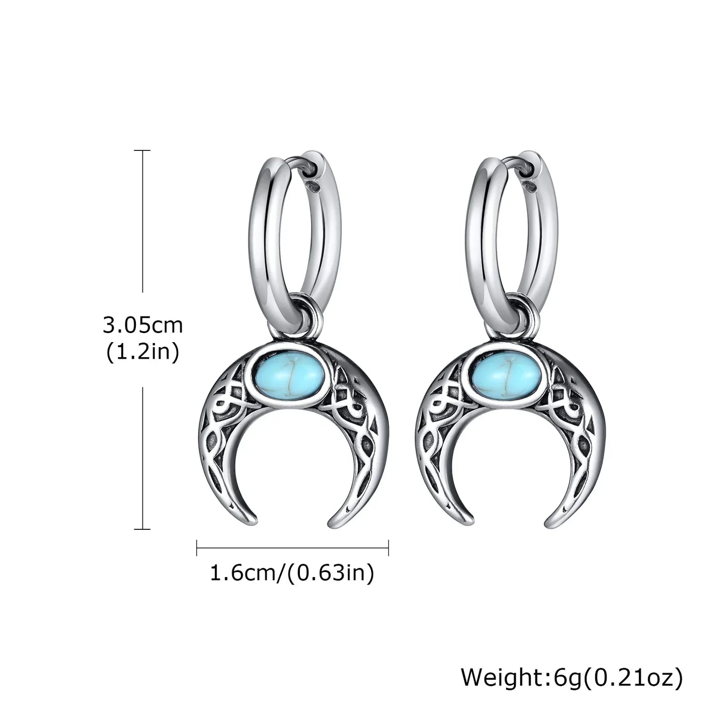 Vintage Moon Earrings for Men | Green Stone Stainless Steel Hoop Jewelry