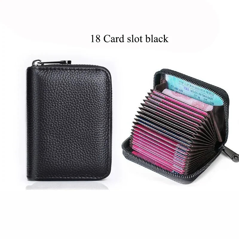 Business Card Holder Wallet | PU Leather Credit Card Case with Zipper Closure