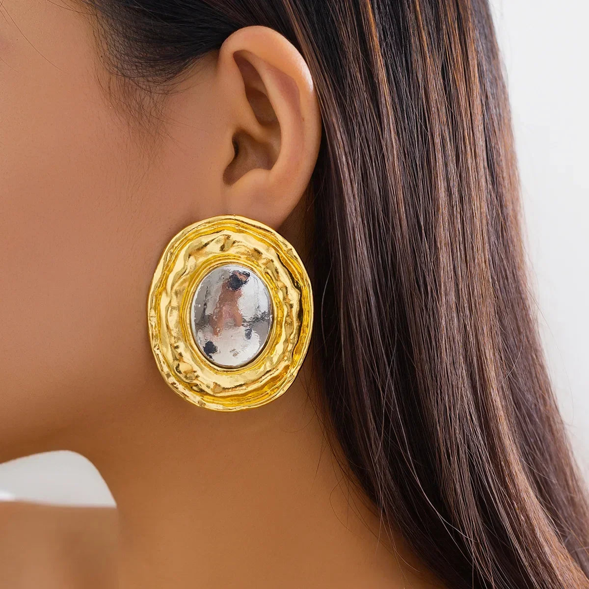 Oversize Glossy Round Circle Stud Earrings | Gold Plated Thick Hoop Jewelry
