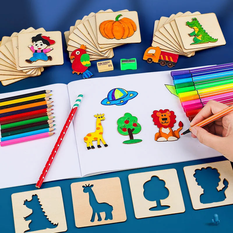 20pcs Montessori Kids Drawing Toys Wooden DIY Painting Stencils Set | Educational Craft Toy for Children