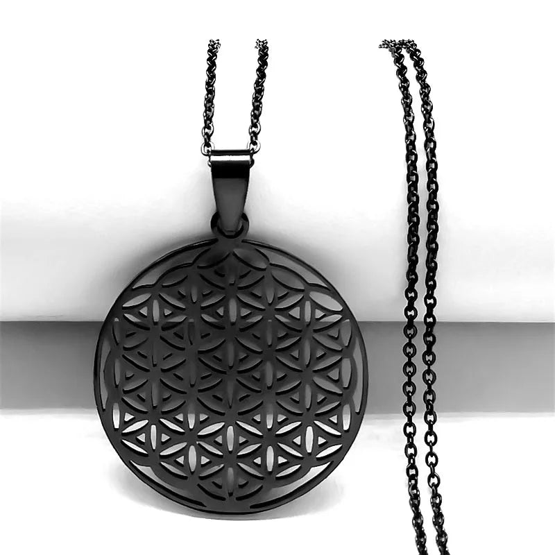 Sacred Geometry Flower of Life Necklace | Stainless Steel Mandala Pendant with Black Beads