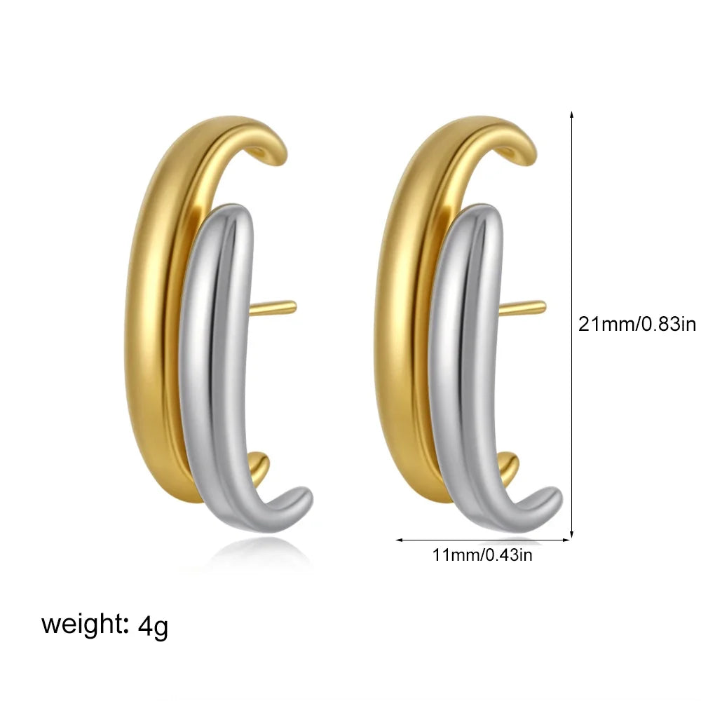 Gold Silver Irregular C-Shape Stud Earrings | Stainless Steel Bicolor Geometric Jewelry