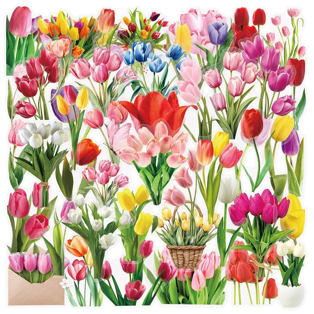 50 Transparent Flower Stickers | PET Decorative Craft Set for Journals and Notebooks