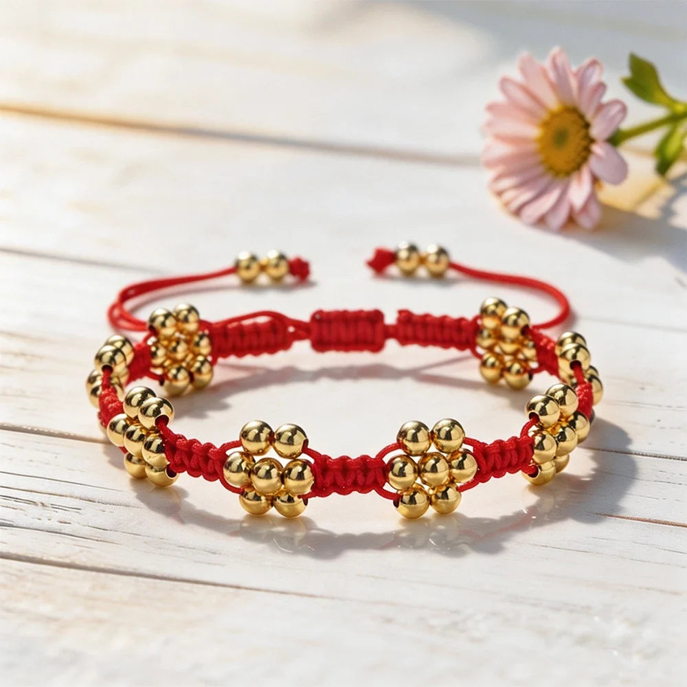 Handmade Adjustable Red Braided Rope Bracelets 5mm Copper Beads Flower Shape Lucky Bangle Women Daily Wear Fashion Jewelry Gifts