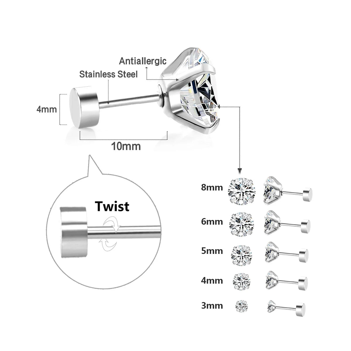 Surgical Steel Cubic Zirconia Stud Earrings | Unisex Screw-Back Earrings