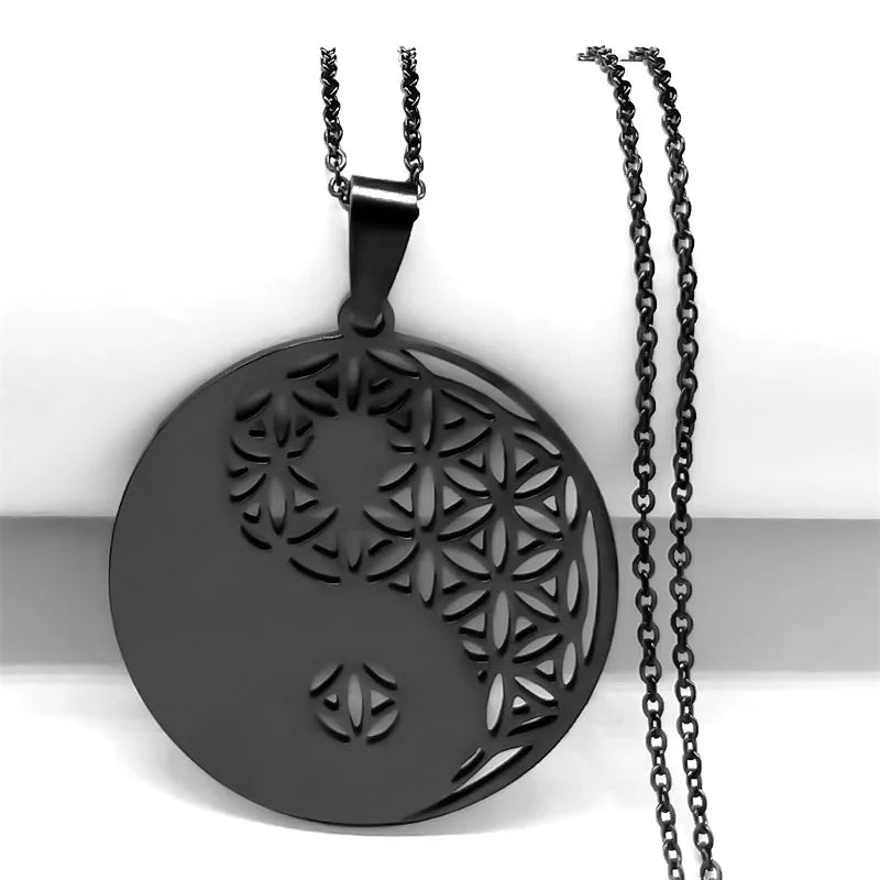 Sacred Geometry Flower of Life Necklace | Stainless Steel Mandala Pendant with Black Beads