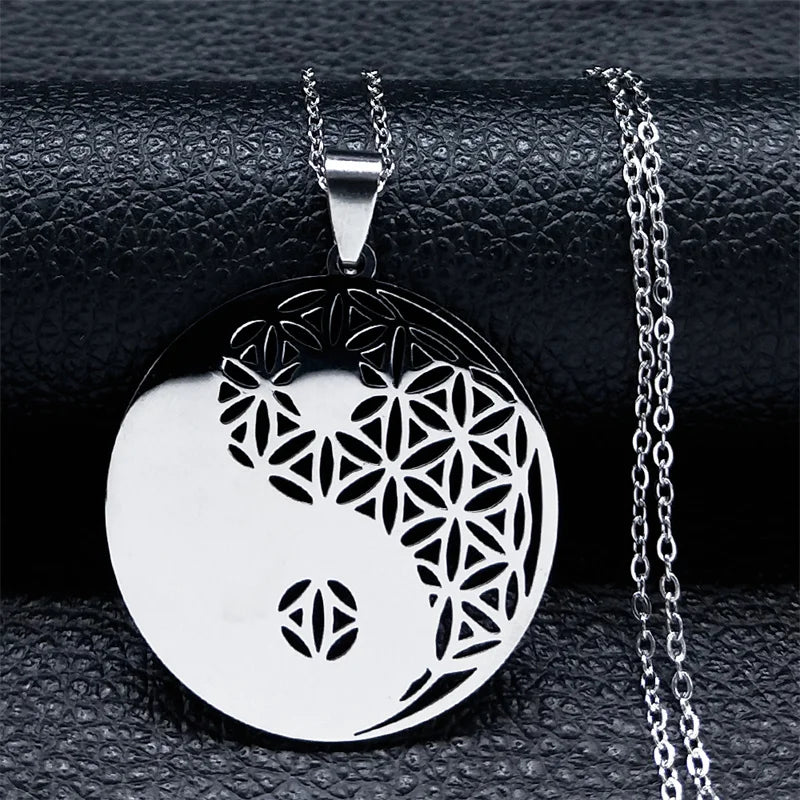 Sacred Geometry Flower of Life Necklace | Stainless Steel Mandala Pendant with Black Beads
