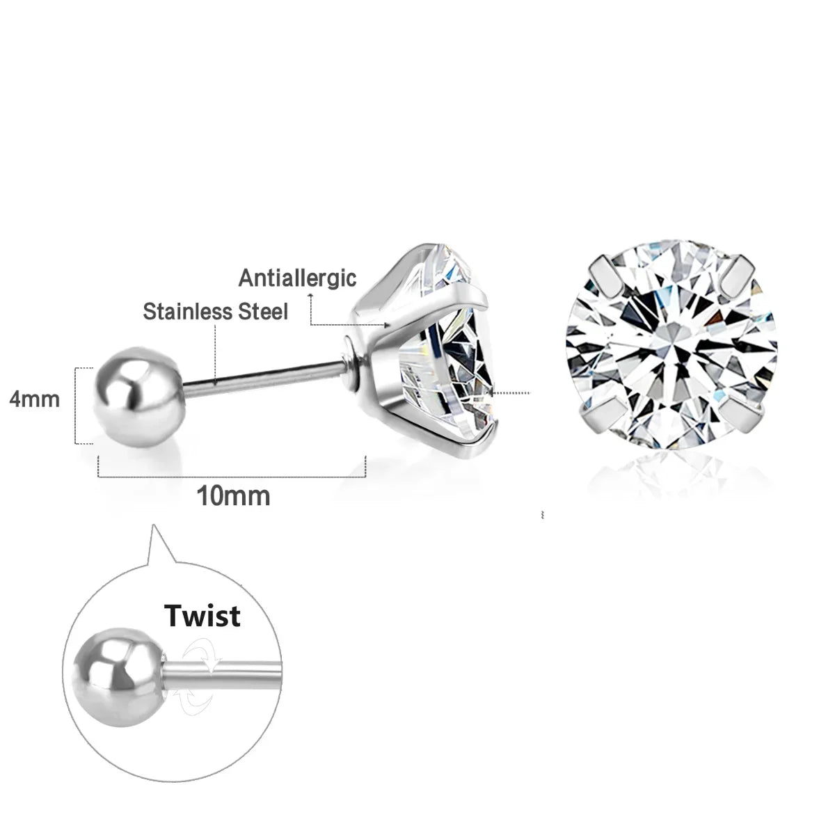 Surgical Steel Cubic Zirconia Stud Earrings | Unisex Screw-Back Earrings
