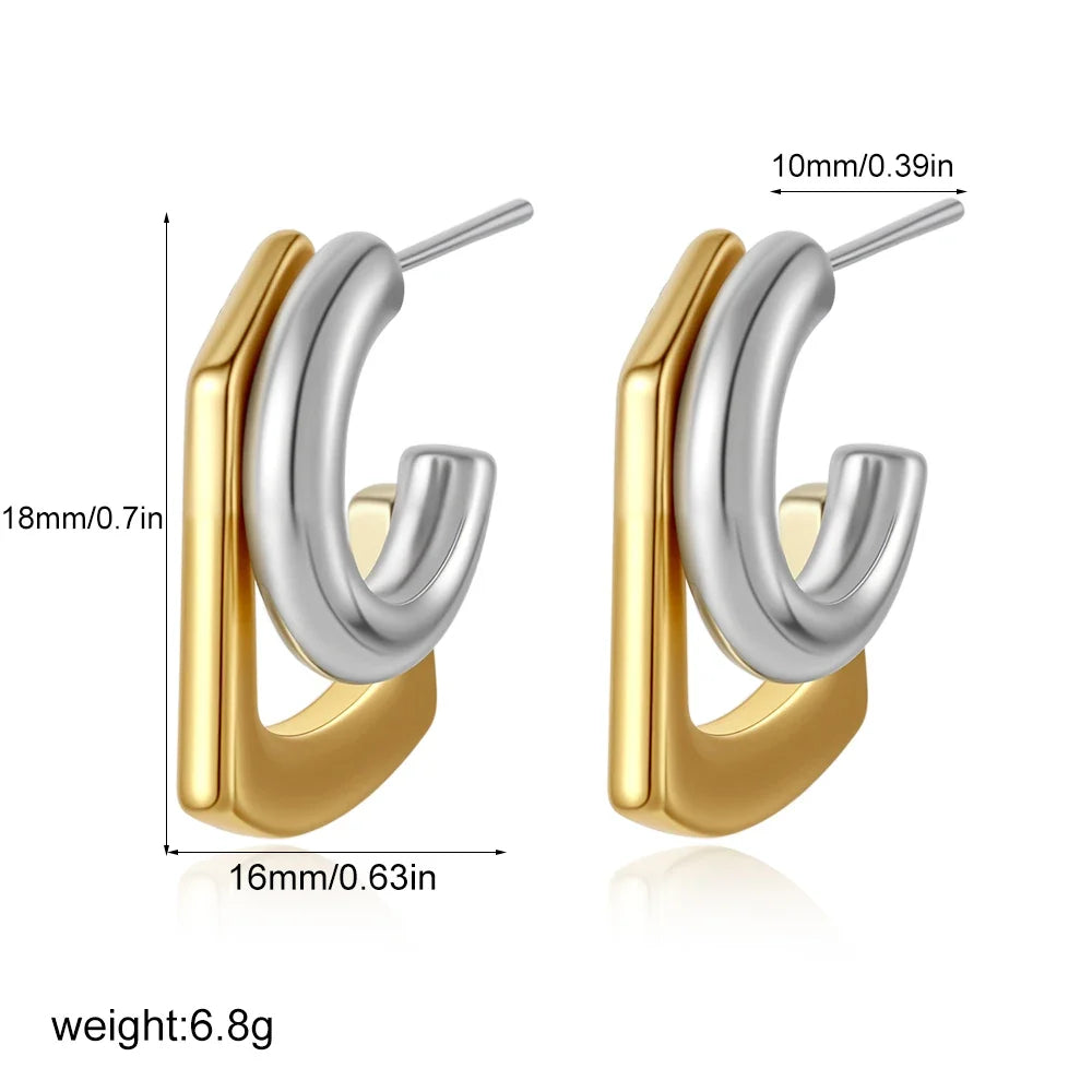 Gold Silver Irregular C-Shape Stud Earrings | Stainless Steel Bicolor Geometric Jewelry