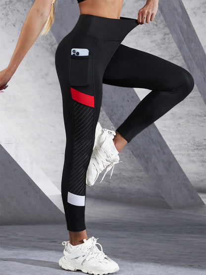 High Waisted Colorblock Mesh Yoga Leggings with Pockets