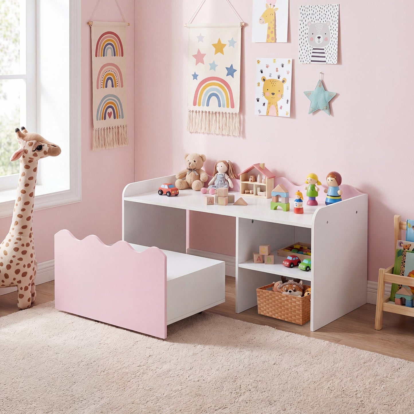 Scalloped Kids Bookshelf and Toy Storage Organizer for Playroom