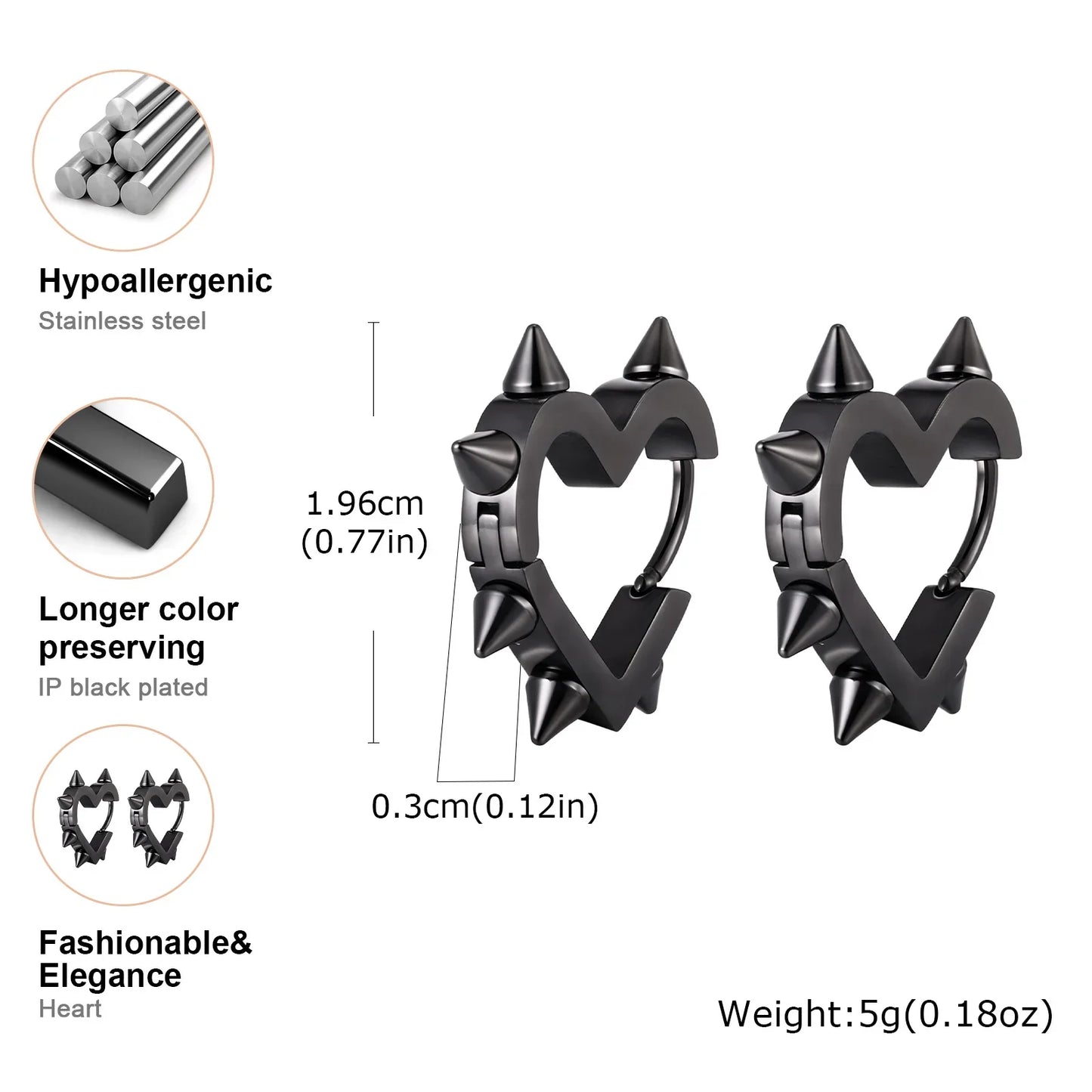 Exaggerated Spike Rivet Heart Stud Earrings | Stainless Steel Goth Punk Jewelry