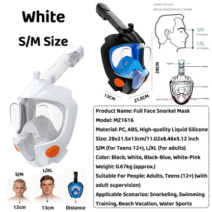 Full Face Snorkel Mask 180° Panoramic View Dry Top Snorkel Anti-Fog Leak-Proof Safe Breathing Swimming Diving Gear for Adults