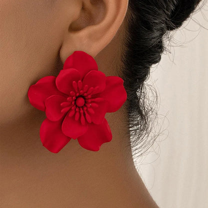 Obega Red Flower Stud Earrings | Bohemian Statement Metal Earrings for Women