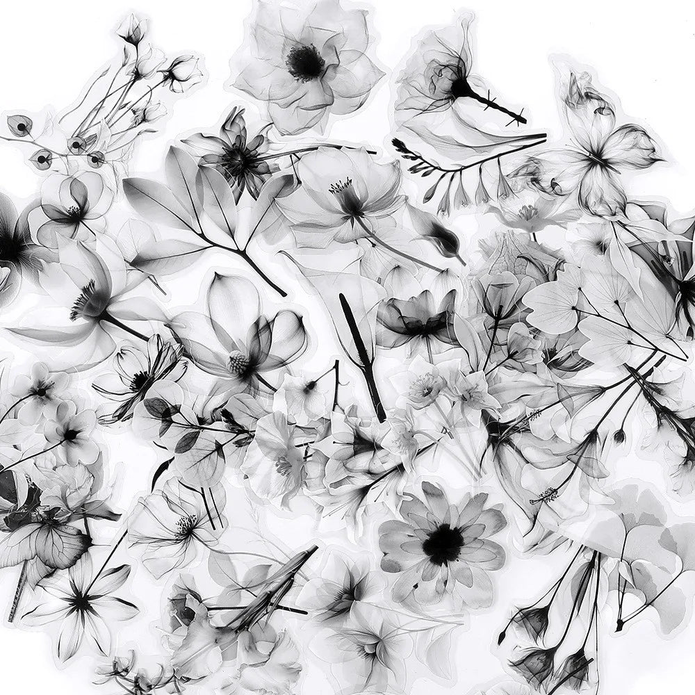 50 Transparent Flower Stickers | PET Decorative Craft Set for Journals and Notebooks