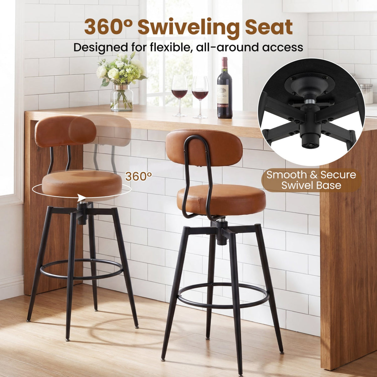 Set of 2 Swivel Barstools Faux Leather with Upholstered Seat and Back