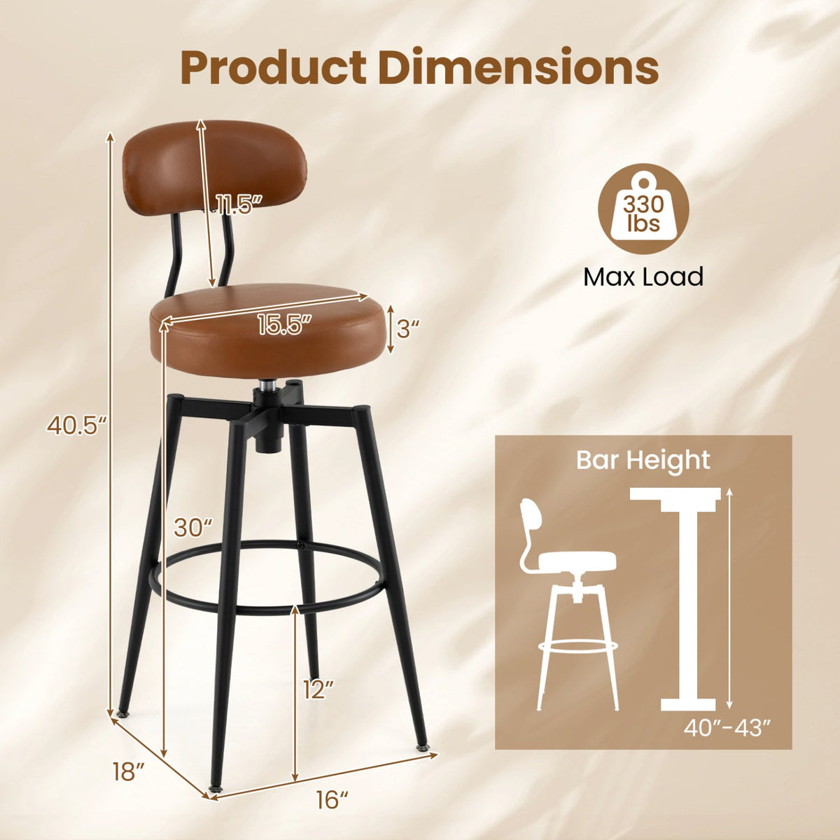 Set of 2 Swivel Barstools Faux Leather with Upholstered Seat and Back