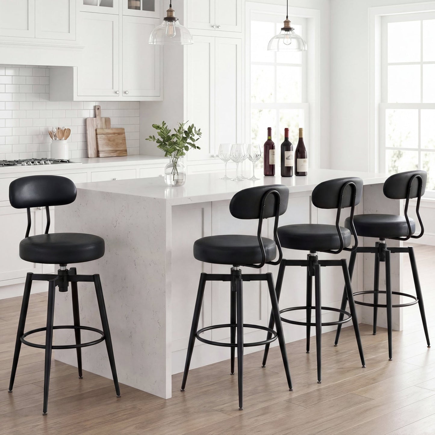 Set of 2 Swivel Barstools Faux Leather with Upholstered Seat and Back