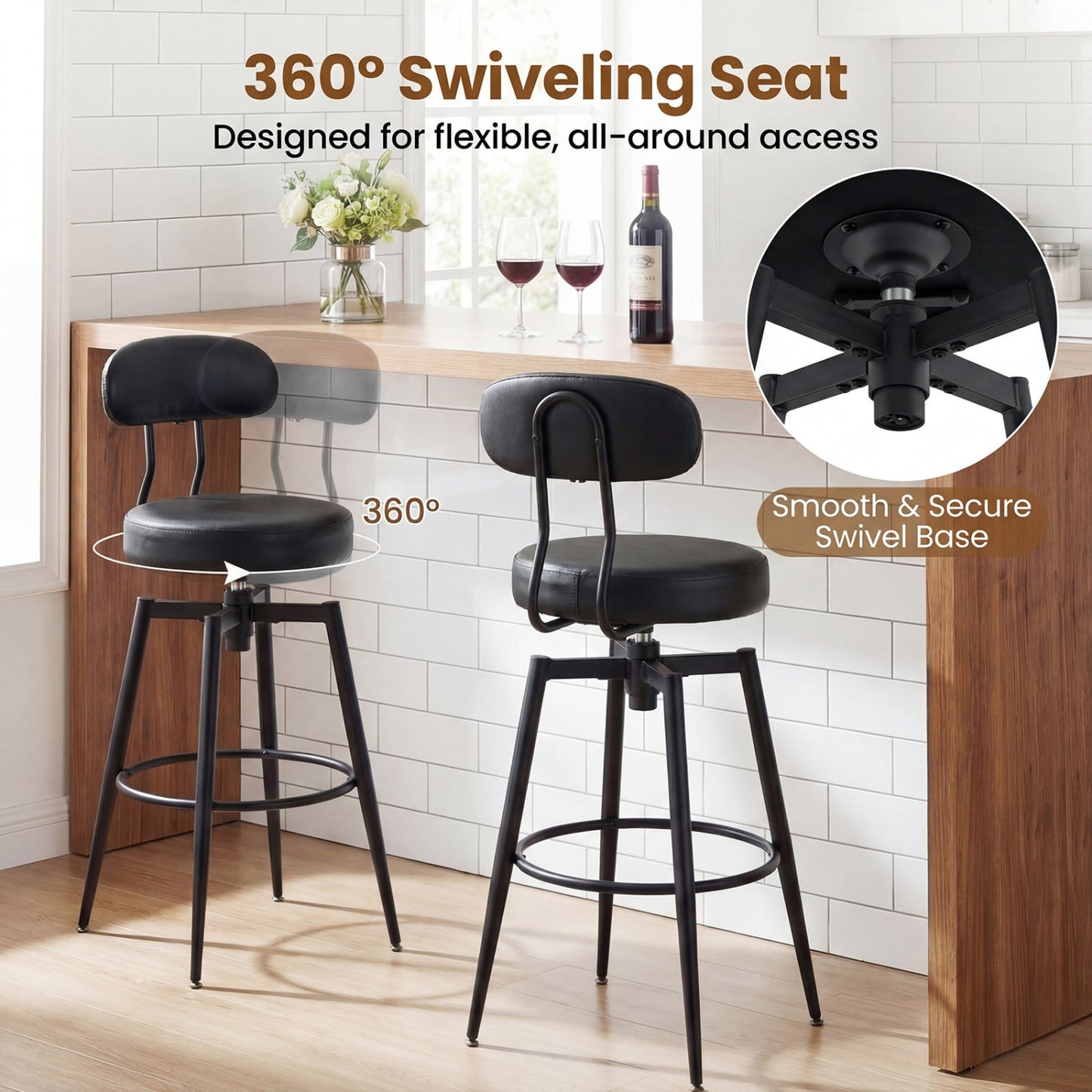 Set of 2 Swivel Barstools Faux Leather with Upholstered Seat and Back