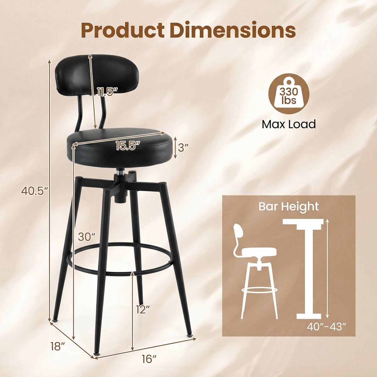 Set of 2 Swivel Barstools Faux Leather with Upholstered Seat and Back