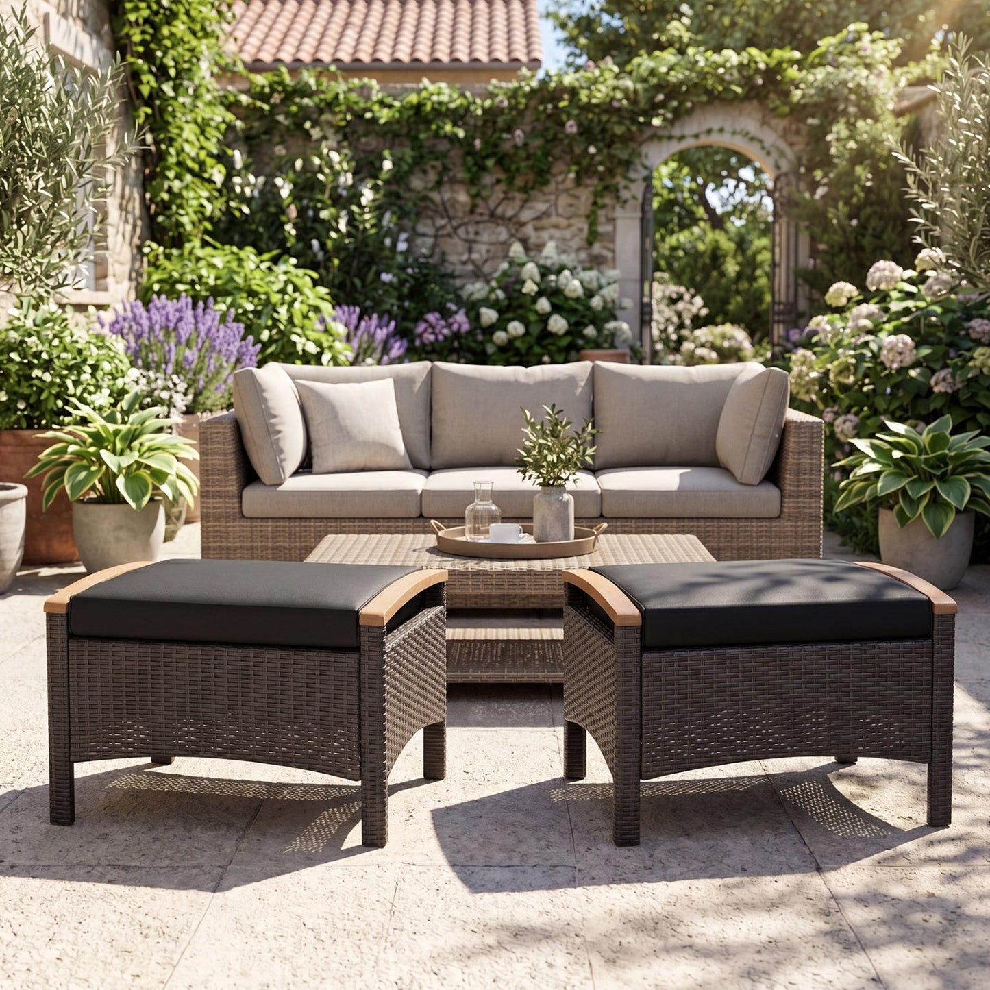 Wicker Patio Ottoman Set of 2 with Cushion