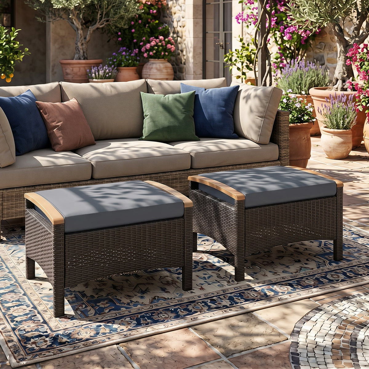 Wicker Patio Ottoman Set of 2 with Cushion