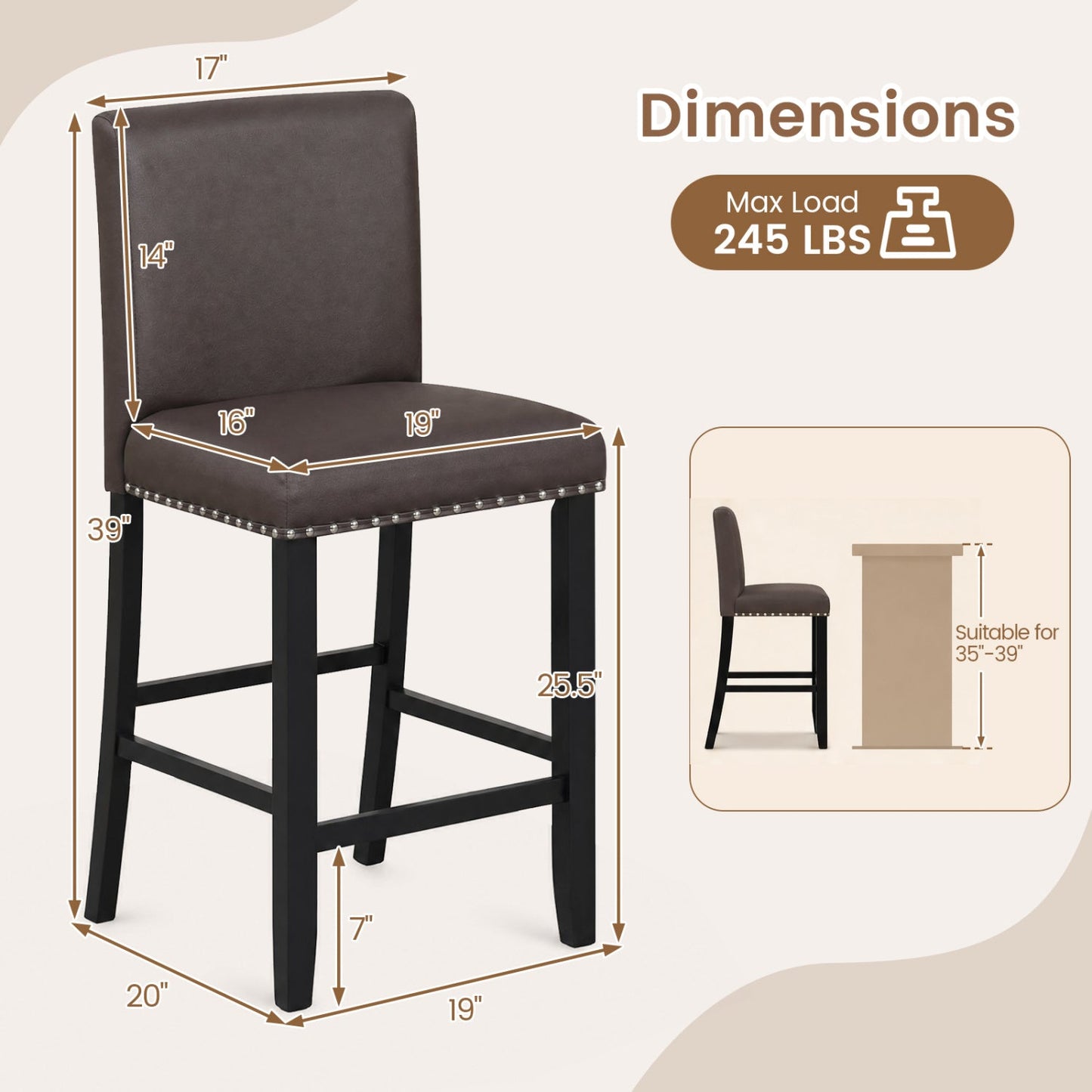 Bar Stools with Back Set of 4 - Brown Upholstered Counter Height