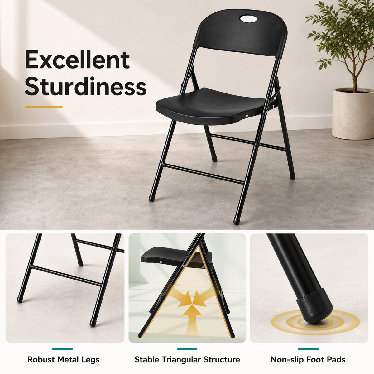 Foldable Plastic Dining Chairs Set of 6 with Ergonomic Backrest
