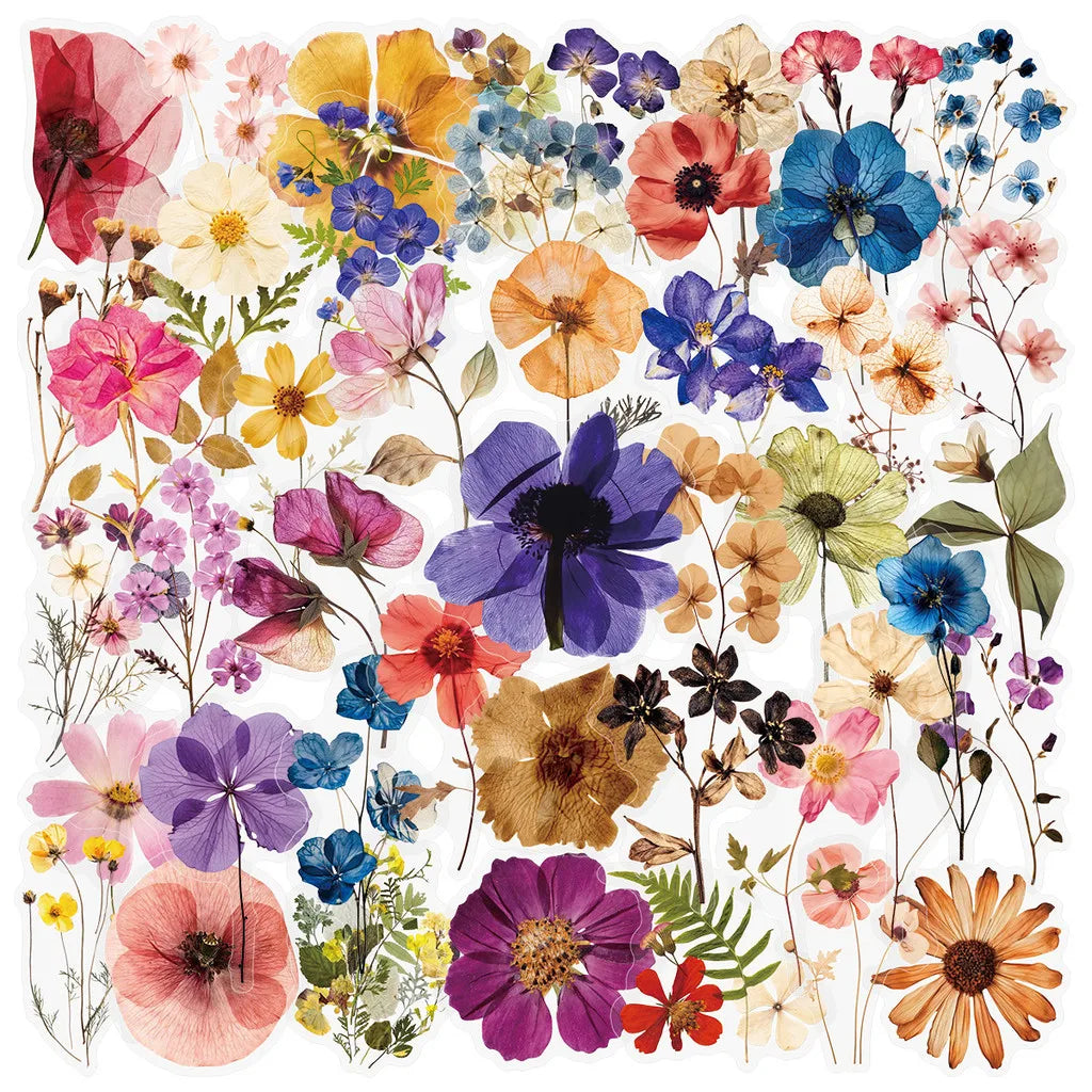 50 Transparent Flower Stickers | PET Decorative Craft Set for Journals and Notebooks