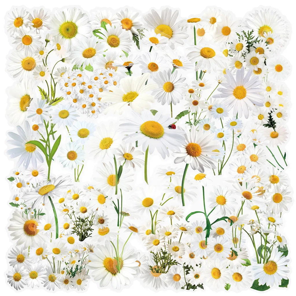 50 Transparent Flower Stickers | PET Decorative Craft Set for Journals and Notebooks