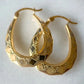 Vintage Oval Golden Hoop Earrings | Hand Carved Patterned Drop Earrings