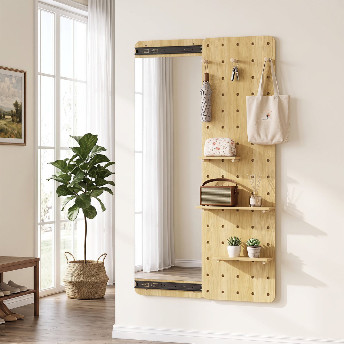 Full Length Wall Mirror with Sliding Pegboard & Shelves