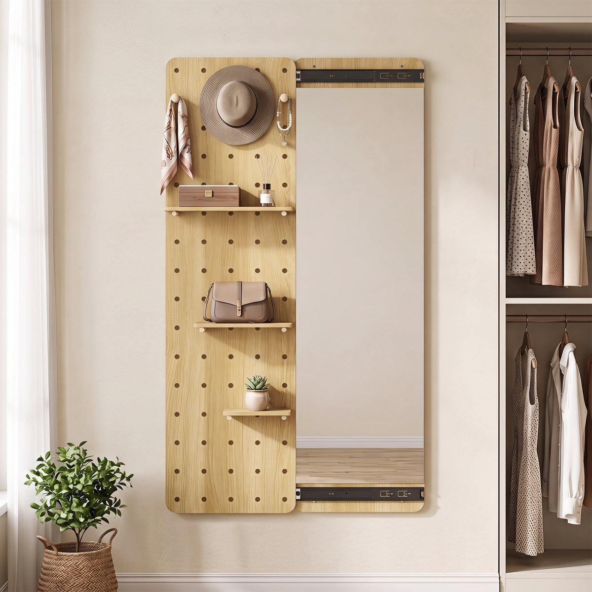 Full Length Wall Mirror with Sliding Pegboard & Shelves