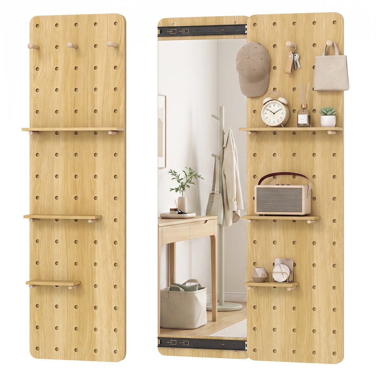 Full Length Wall Mirror with Sliding Pegboard & Shelves