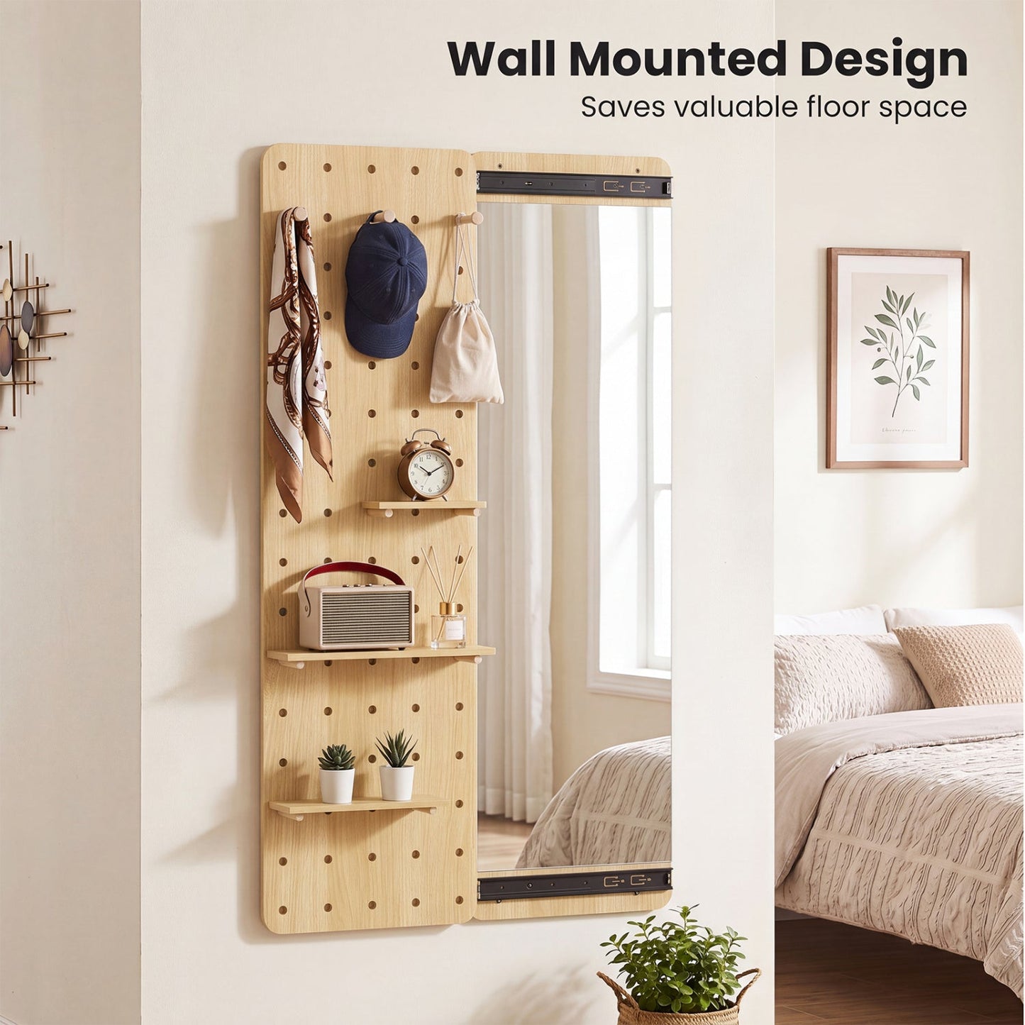 Full Length Wall Mirror with Sliding Pegboard & Shelves