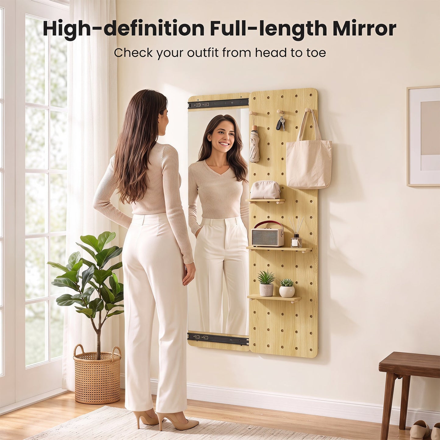Full Length Wall Mirror with Sliding Pegboard & Shelves