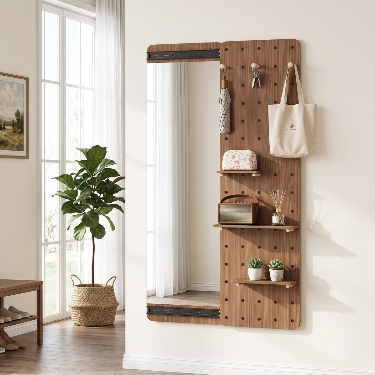 Full Length Wall Mirror with Sliding Pegboard & Shelves