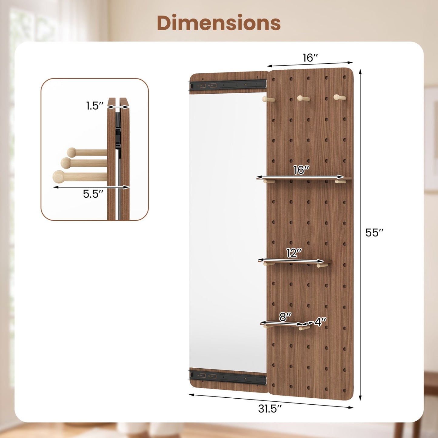 Full Length Wall Mirror with Sliding Pegboard & Shelves
