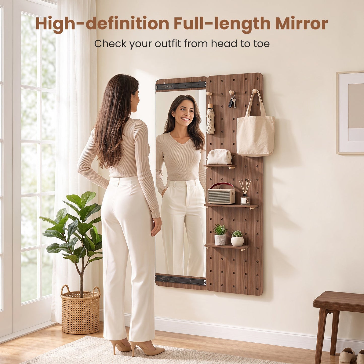Full Length Wall Mirror with Sliding Pegboard & Shelves