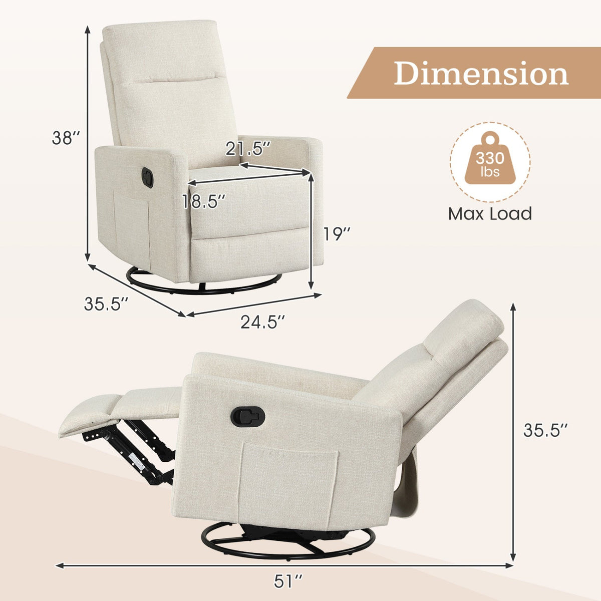 Swivel Rocking Chair 360° Nursery Reclining Rocker Armchair with Cushioned Back