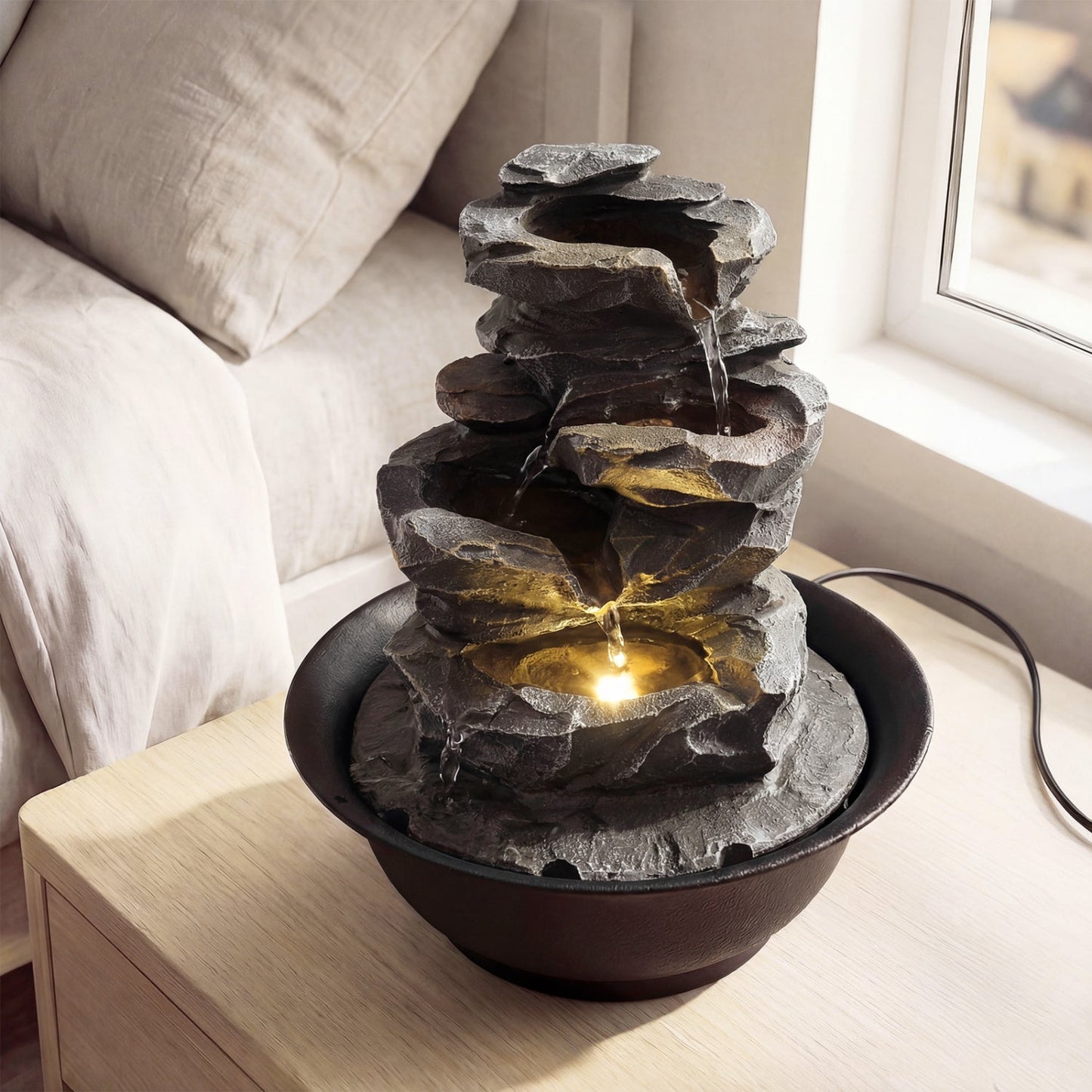 Tabletop Water Fountain with LED Light Indoor Desktop Cascading Water Feature